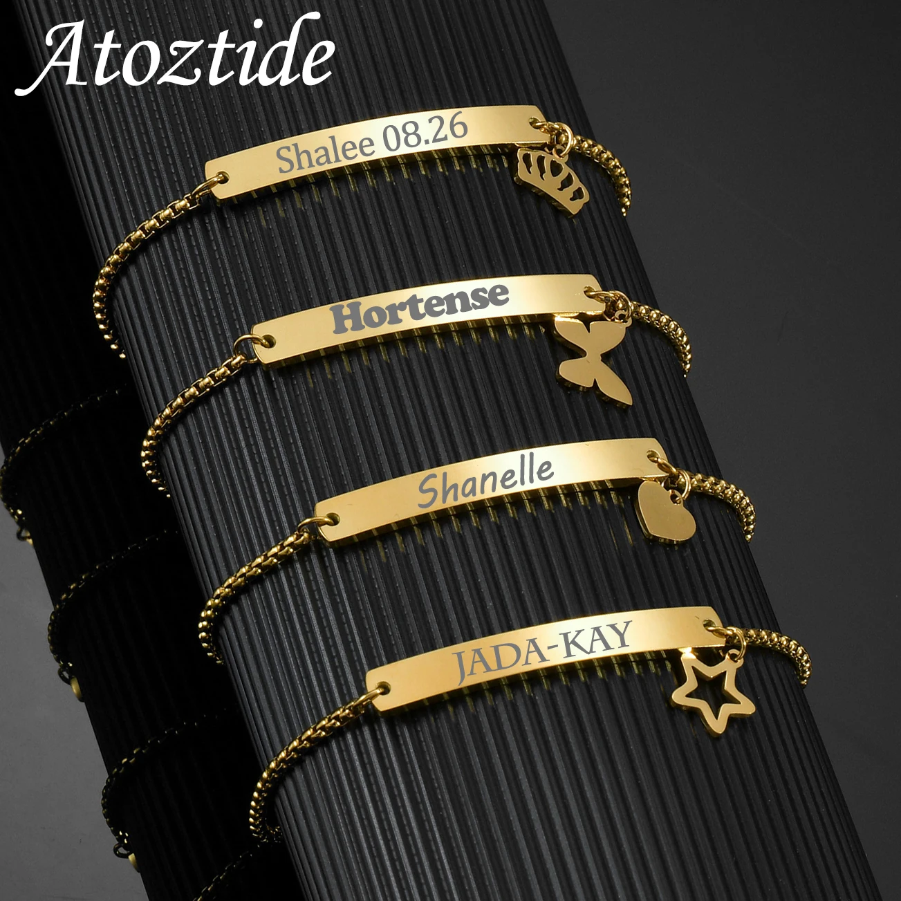 Atoztide Personalized Engrave Name Bar Bracelet For Women Kids Stainless Steel Jewelry Star Heart Link Chain Custom Letter Gift