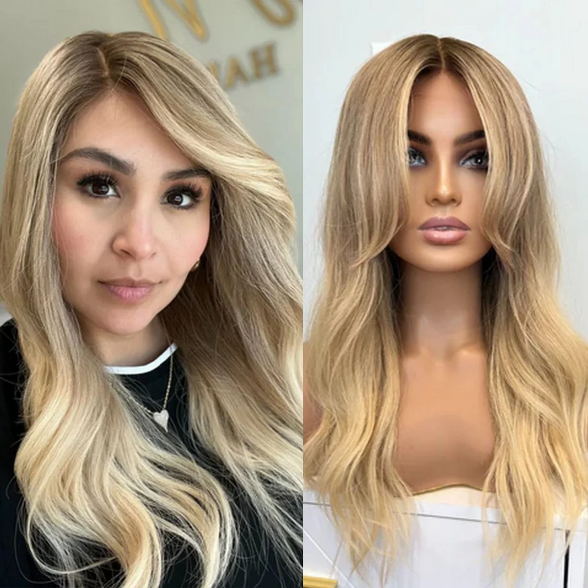 Soft 22 Inches Ombre Light Blonde Highlights 13*4HD Lace Front Wig High Quality Synthetic Wig Loose Wave Glueless Wig For Women