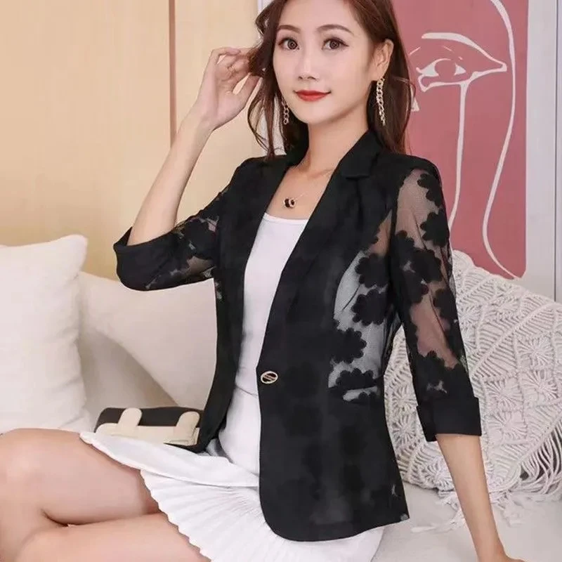 2024 Summer Women Thin Cardigan Sun Protection Clothing Hollow Lace Slim Shawl Office Ladies Work Wear Women Blazers And Jacket