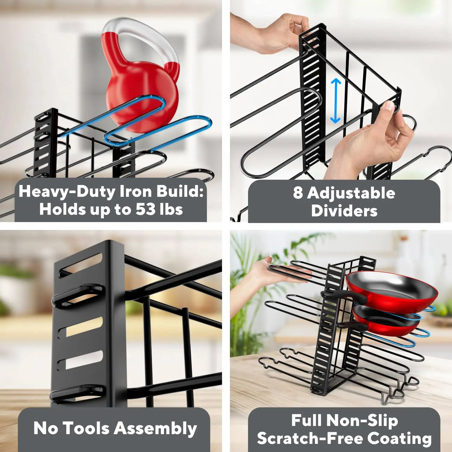 Pots and Pans Organizer Under Cabinet - 8-Tier Adjustable Pan Organizer Rack for Cabinet - Heavy-Duty Pot & Pan Organizer - Perf