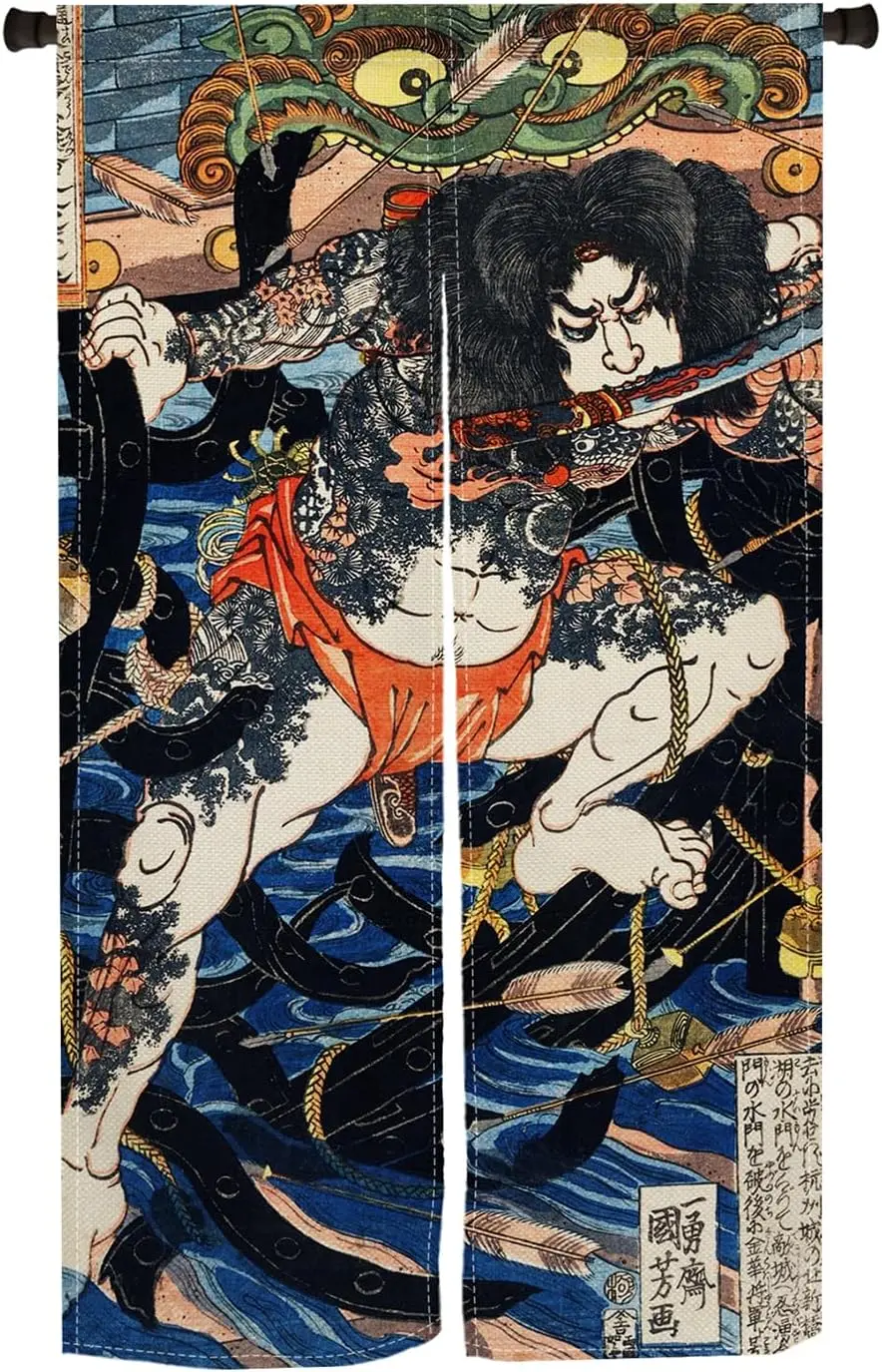 Japanese Samurai Noren Curtain, Vintage Ukiyo-e Style Samurai Warriors Print, Traditional Japanese Castle & Sakura Decor Room