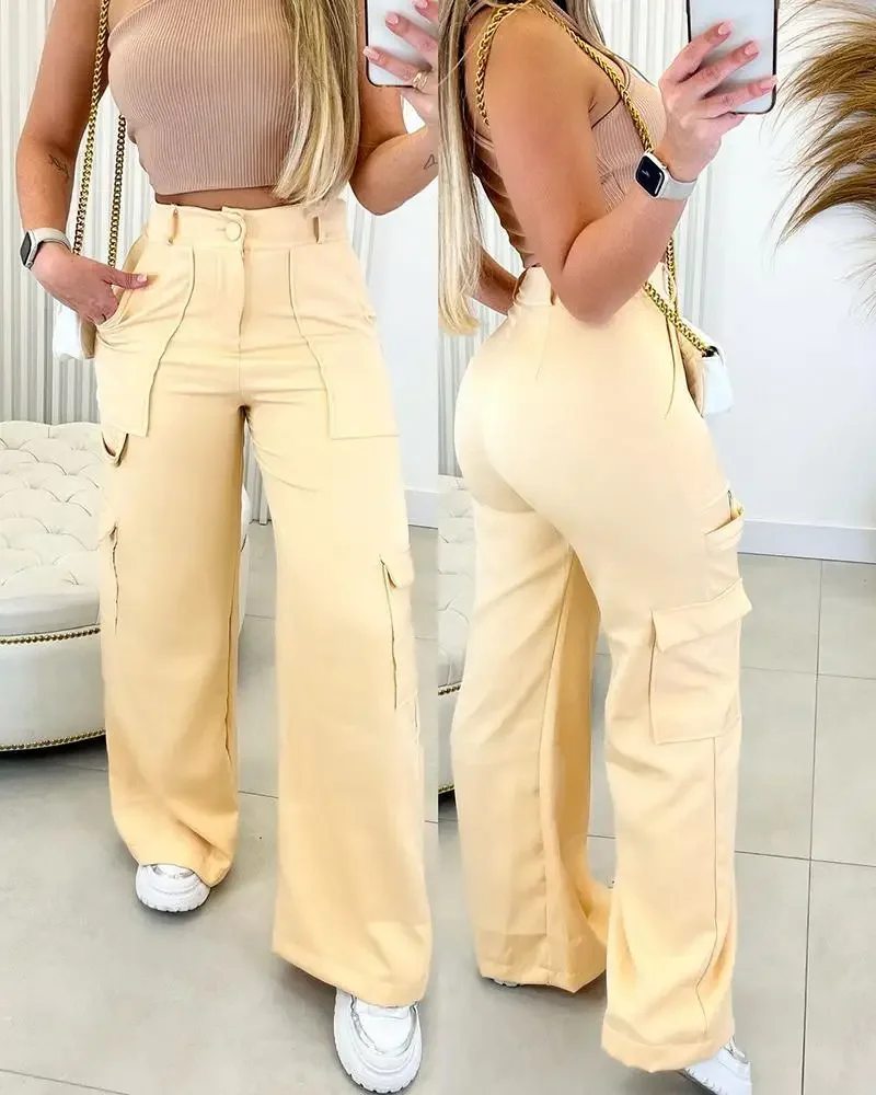 Nuovi pantaloni Cargo pantaloni donna a vita alta a gamba larga pantaloni donna tasche moda pantaloni Joggers Y2k Streetwear 2023 estate