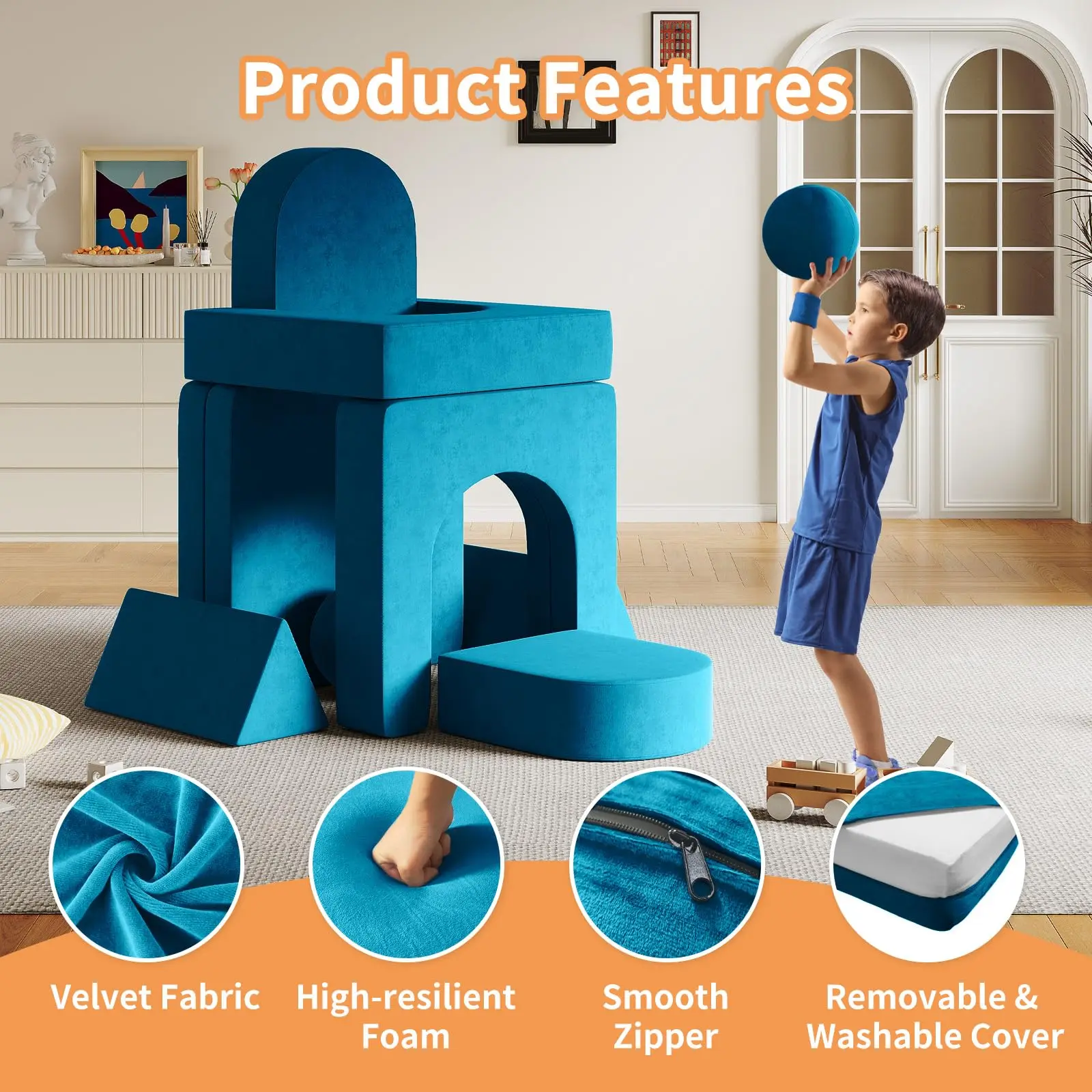 Creative Children's Foam Sofa with Spherical Modules and Tunnel Elements Foldable children's Couch 9pcs Toddler Sofa for Bedroom