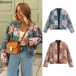 2024Women's Casual Warm Autumn Winter Jacket Floral Print Quilted Reversible Cotton Coat Cardigan Long Sleeve Streetwear Jackets