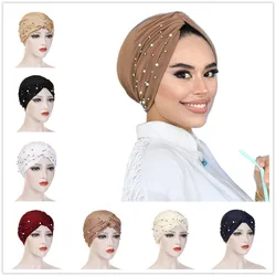 Ramadan Muslim Hijab Caps Fashion Beaded Headscarf Scarf Cap Solid Color Women Wrap Head Bonnet Turban Hat Headwear