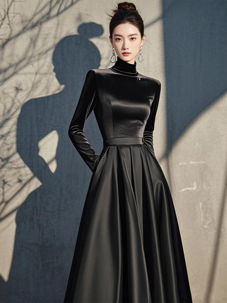 

Elegant Black Velvet Dress 2024 Winter High Waist Long Sleeve A-Line Skirt Korean Style Commute High Quality Fashionable Dress