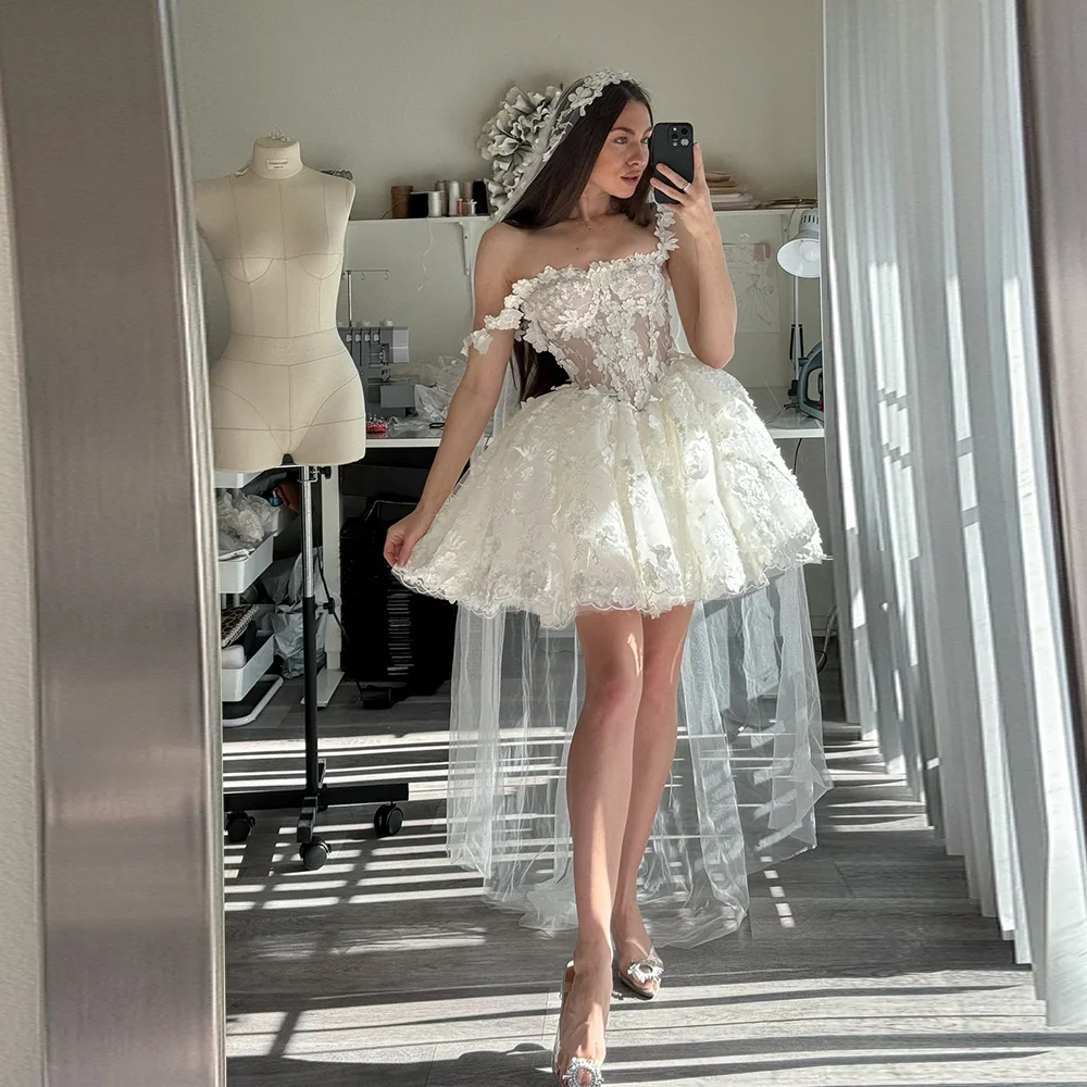 

Customized Chic Short Mini 3D Floral Applique Lace Tull Weeding Party Dress Lace up Wedding Bridal Gown Vestido De Novia