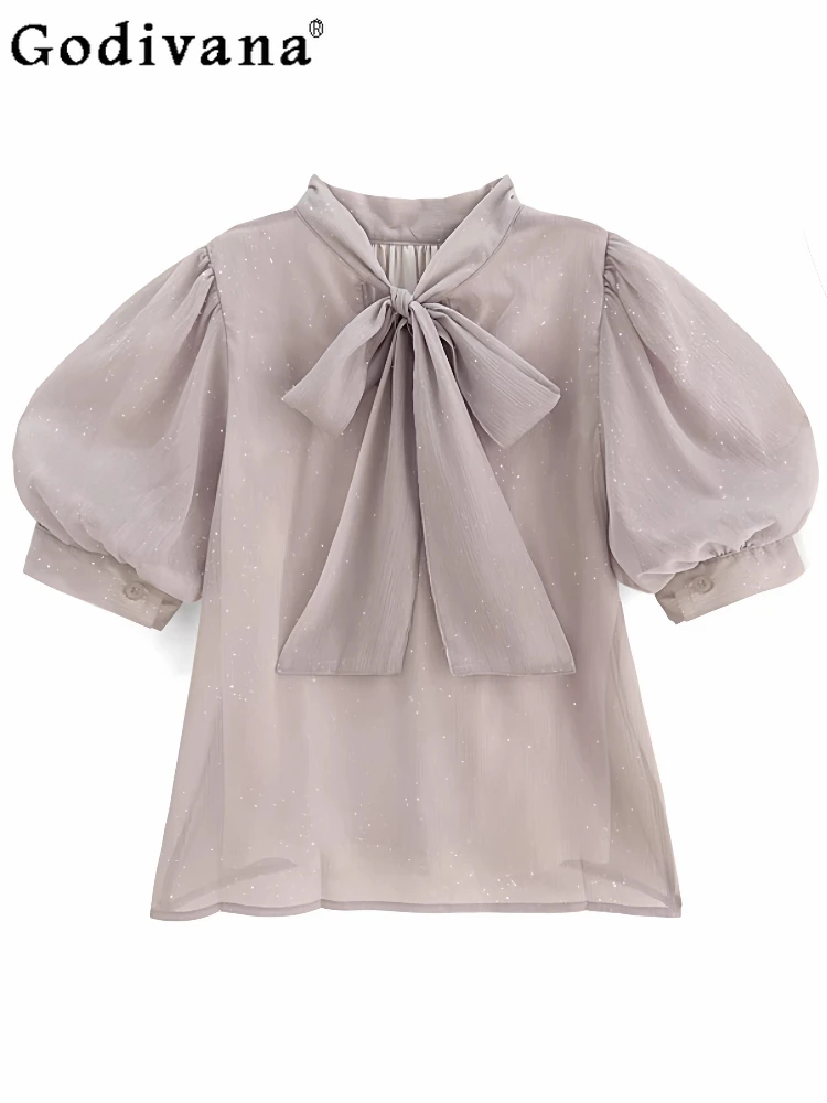 

Японская милая кавайная блузка с бантом и шнуровкой, летняя новинка 2026 года, универсальная повседневная рубашка с рукавами-фонариками