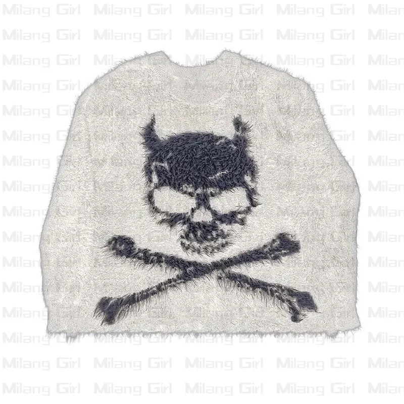 Demon Skeleton Print Harajuku Men Oversized Sweater Black White Loose Vintage Knitted Sweater Autumn Cotton Pullover Unisex Y2K