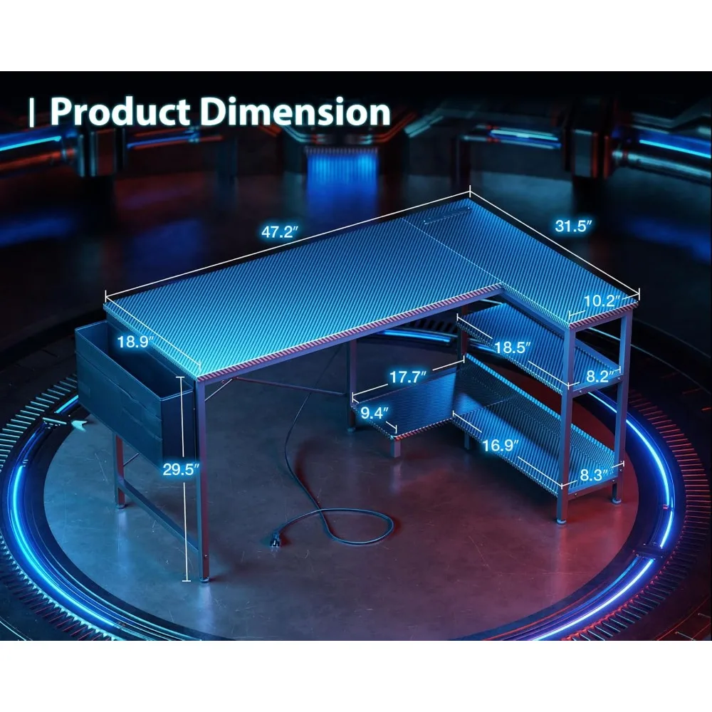 Gaming Desk 48 Inch Small L-Shaped with Power Outlets, Corner Desk, Reversible Shelves, and PC Stand for Small Spaces