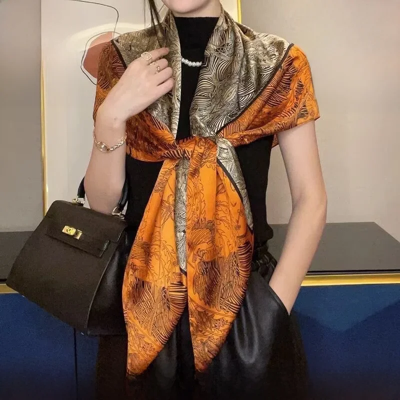 本物の杭州シルク-0-センチメートル正方形スカーフ超大型エアコン付き日焼け止め女性用ショール旅行お土産花柄プリント