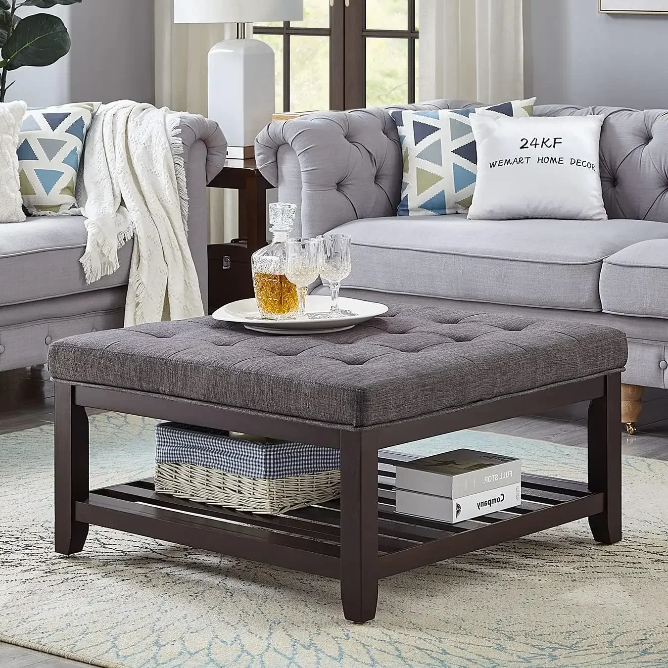 24KF Large Square Upholstered Tufted Linen Ottoman Coffee Table, Large Footrest Ottoman with Solid Wood Shelf-Dark Gray