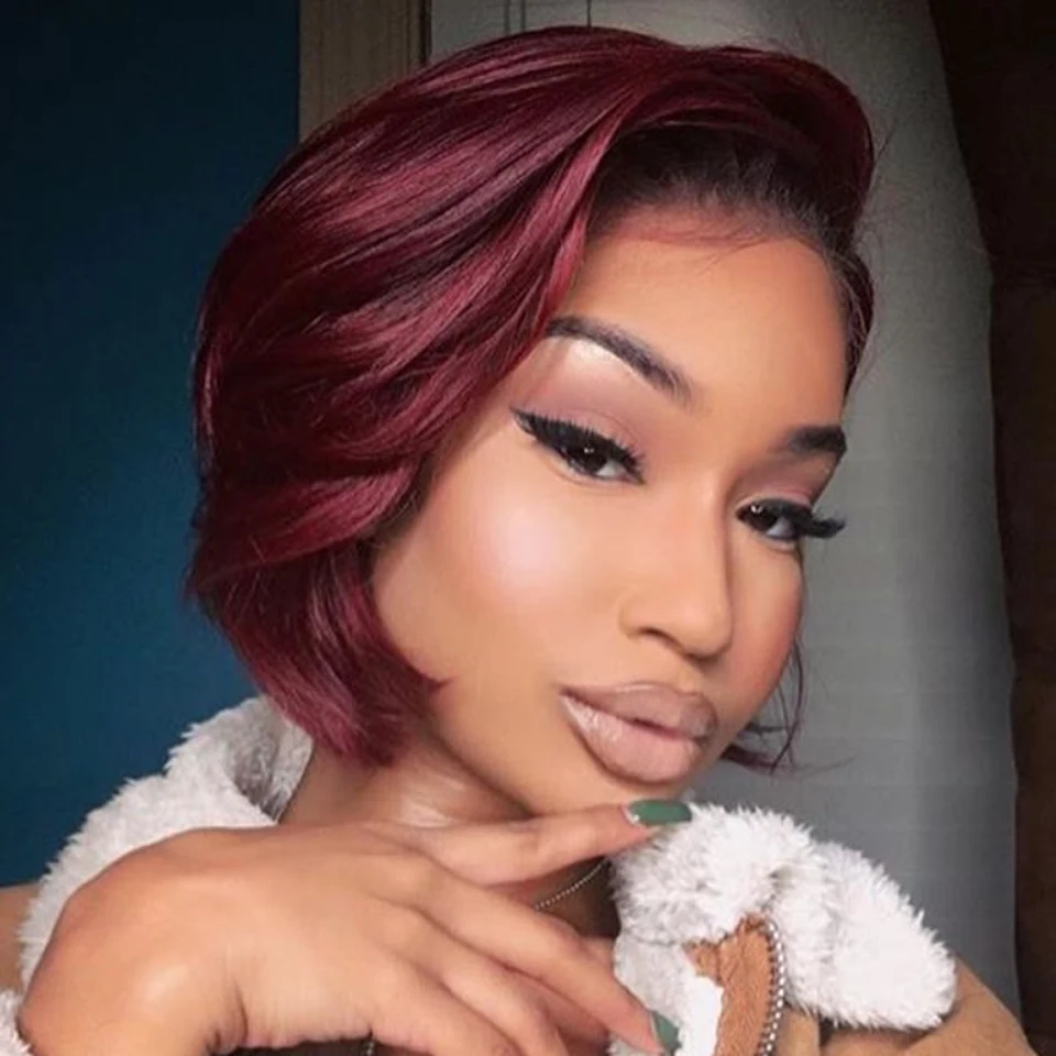 Rebecca Burgundy Short Bob Wig With Bangs Side Part Bob Human Hair Wigs For Black Women Colored 99J Brown Brazilian Hair Wigs