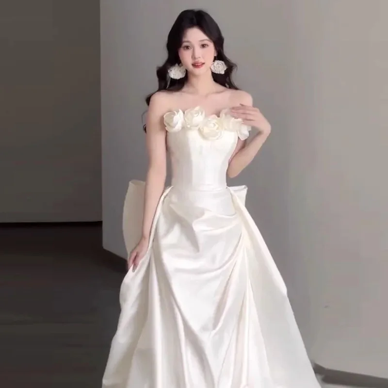 Festa formal ocasiões tubo superior luz vestido de casamento simples avançado super fada cetim branco arrastando nupcial bem-vindo