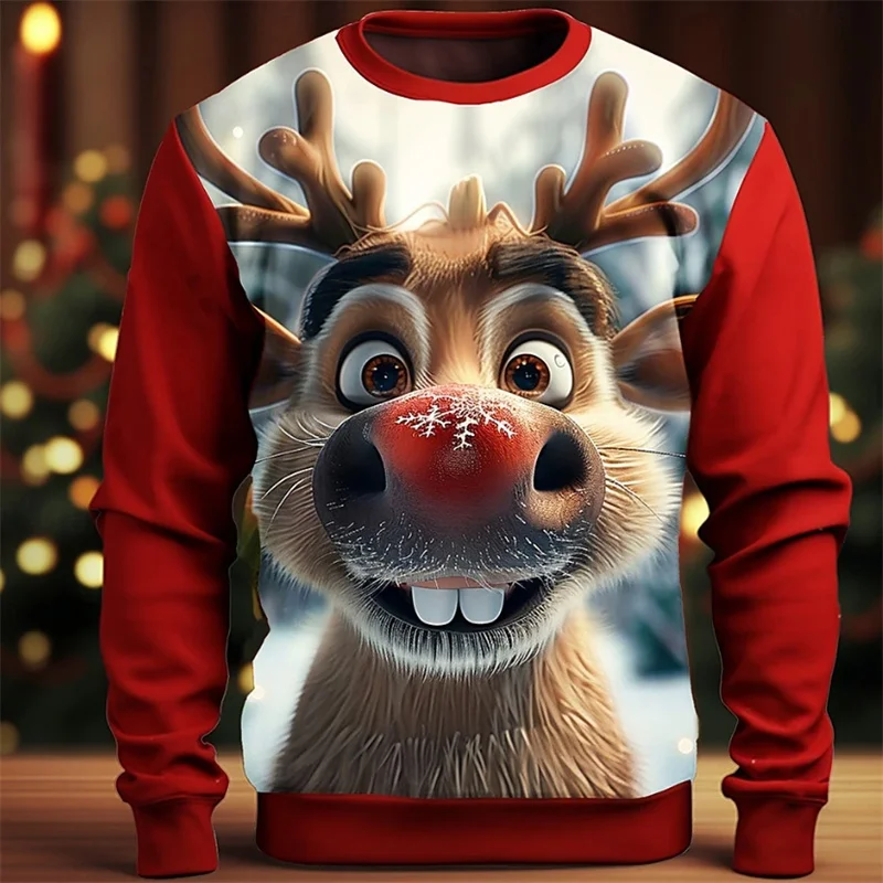 

Cute Reindeer Pattern Hoodie For Men Christmas Animal 3D Printed Pullover Autumn Long Sleeve O-Neck Hoodies Loose Sweatshirts