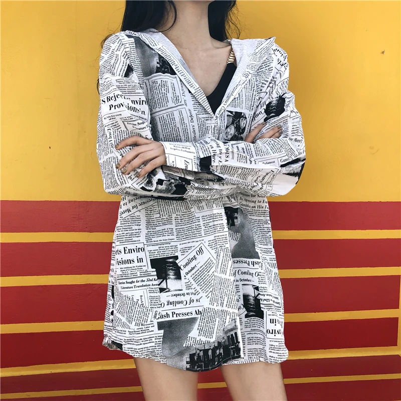 QWEEK Korean Harajuku Pattern Shirt Women Newspaper Print Long  Sleeve Top Office Ladies Spring 2021 Fashion Blouse Plus Size