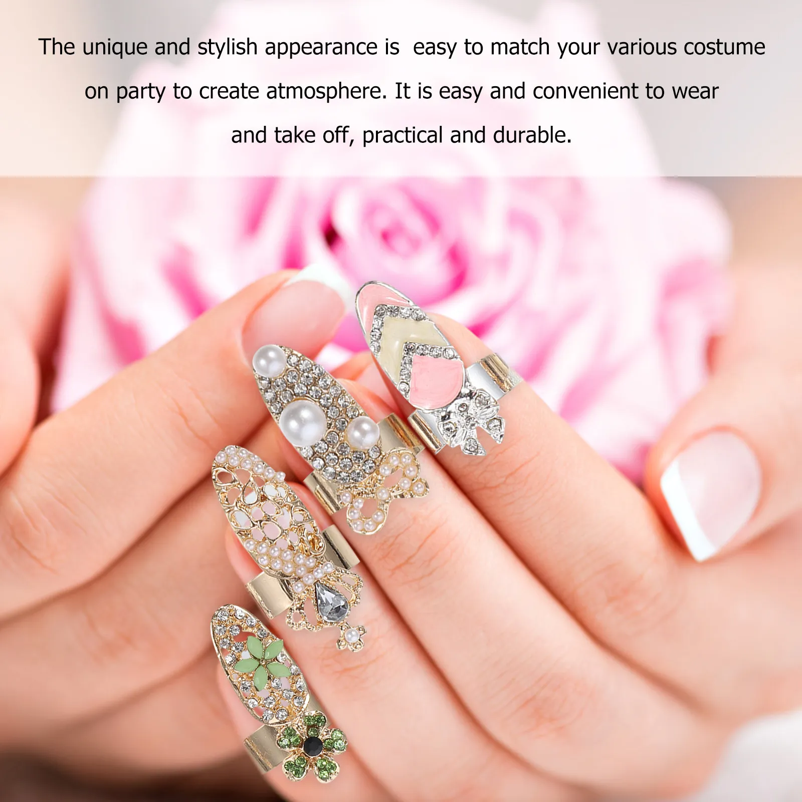

12pcs Crystal Nail Covers Rhinestone Ring Set Women Fashion Jewelry Accessories Decor Stylish Delicate Appearance Easy Wear No