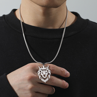 Stainless Steel Lion With King Crown Necklaces Animal Pendant Men's Box Chain Choker Necklace For Women Jewelry Party Men Gifts