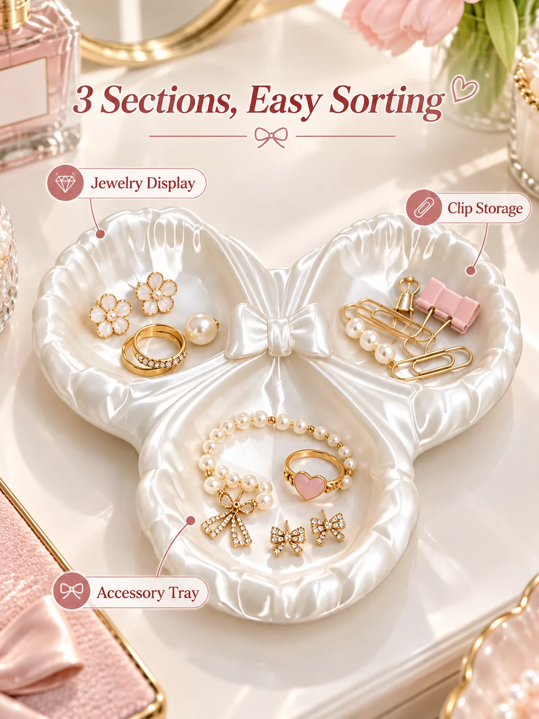 Sweet Girl Style Bowknot Jewelry Storage Tray, 3D Printed White Pla with a Glossy Pearl White Texture, Silky Satin Finish, Three-Compartment Organizer for Small Items, Exquisite and Romantic High-Aesthetic Vanity Table Decoration, Desktop Storage Box and Jewelry Display Stand, Can Hold Rings, Earrings, Paper Clips, Hair Accessories, Keeps Things Tidy, Eliminates Clutter, Enhances the Refined Atmos