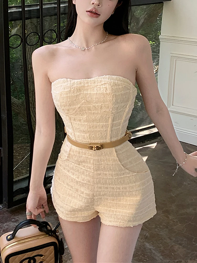 Vintage Tweed Playsuit Women Summer Sleeveless Sexy Skinny Jumpsuit With Belt Overalls Rompers Monos Mujer