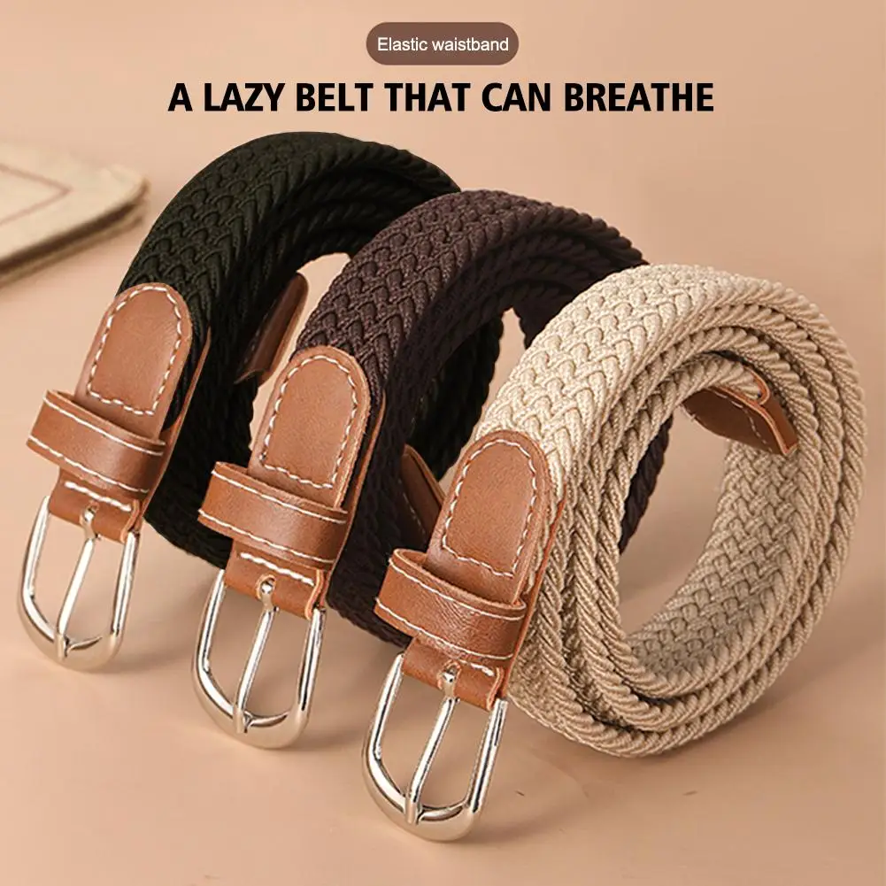 

120-130cm Casual Knitted Pin Buckle Men Belt Woven Canvas Elastic Expandable Braided Stretch Belts For Women Jeans Female B B0J5