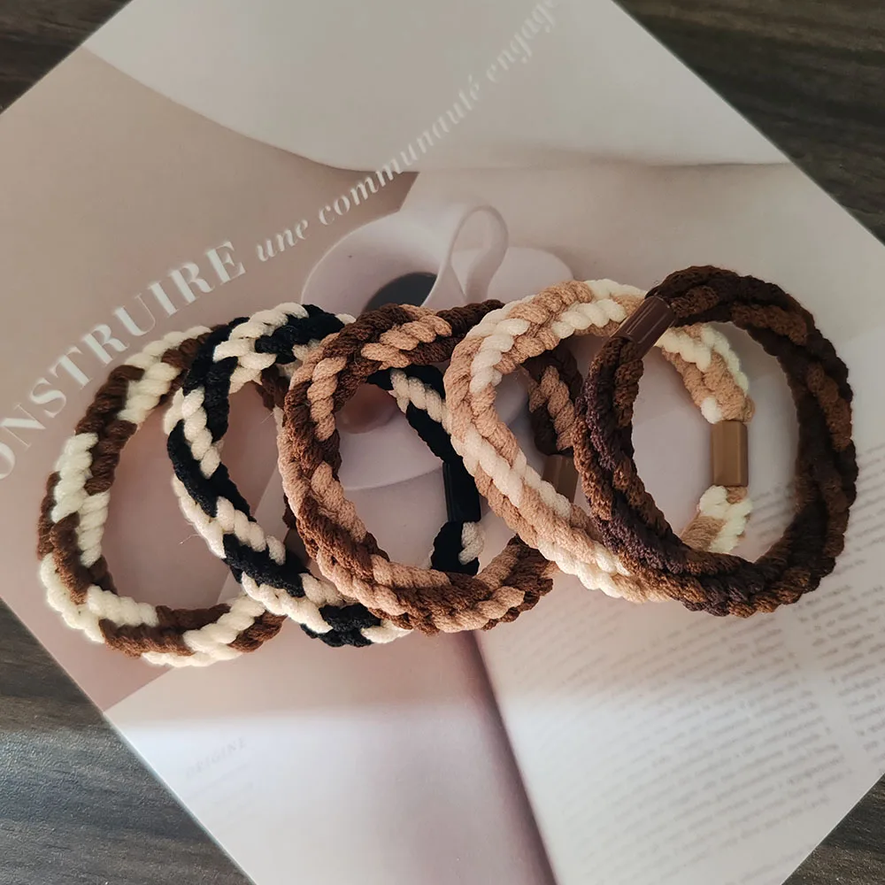 

5PC European and American Cream Weave High Elasticity Hair Ties for Women Girls Ponytail Holder Hair Rings Rope Accessories
