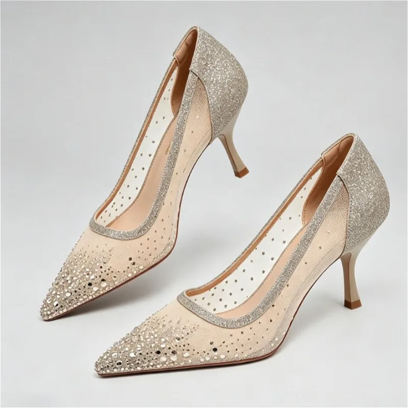 

Luxury Rhinestones Mesh Pointed Toe Women Heels and Pumps Breathable Brand High Heels Shallow Shiny Elegant Wedding Dress Shoes