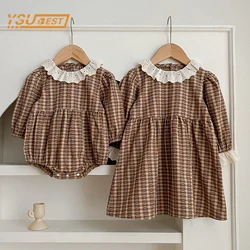 Spring Baby Girls Long Sleeve Sweet Sisters Grid Dress Autumn Infant Rompers Kids Baby Girls Lace Princess Clothes Rompers