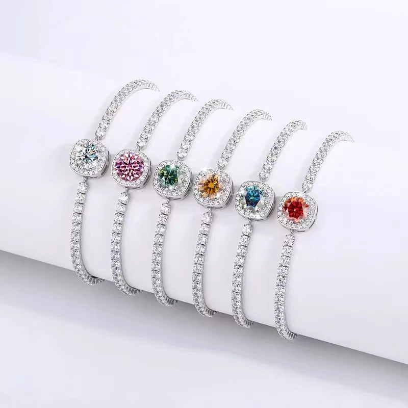 Lycfn 1CT Moissanite Diamond Bracelet S925 Sterling Silver with GRA Classic Colorful Tennis Bracelets For Women Wedding Jewelry