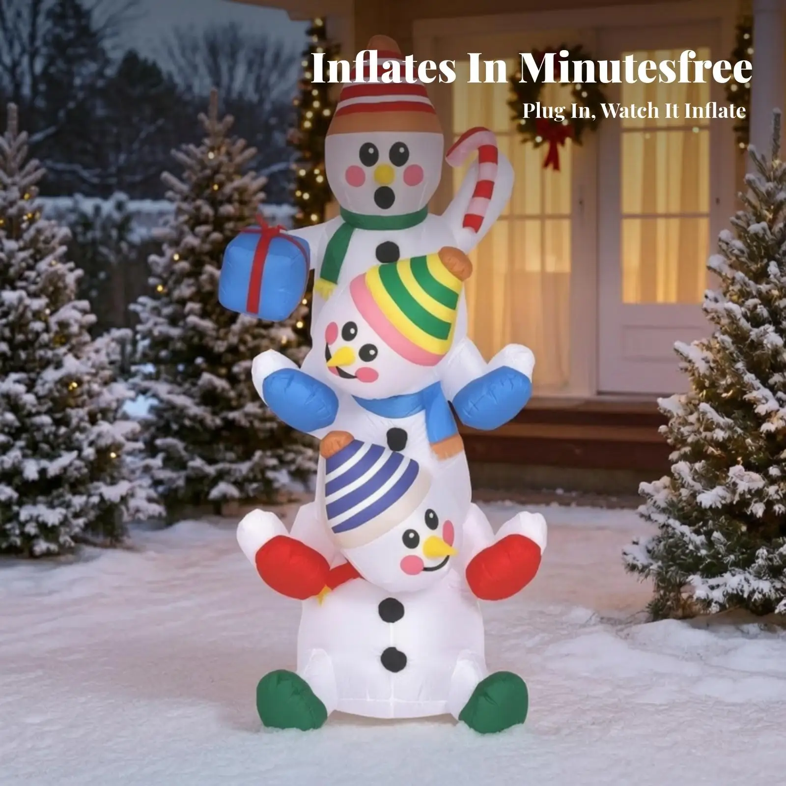 LED Lighted Inflatable Snowman with Striped Hat for Christmas Outdoor Yard Decorations Holiday Party Supplies