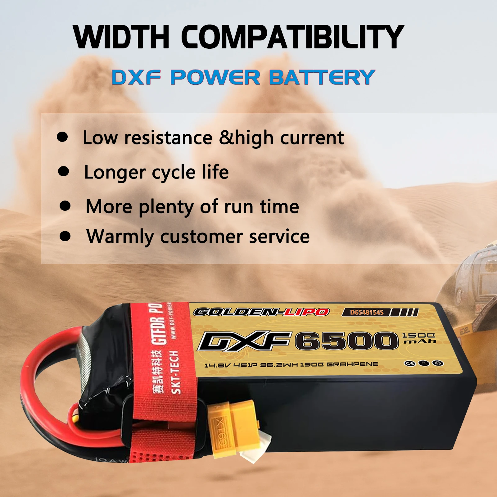 แบตเตอรี่ลิโพ 6500mAh DXF 4S 14.8V 150C พร้อมเคสแข็ง หัวต่อ XT60 สำหรับรถบังคับวิทยุ รถบรรทุก รถถัง รถบักกี้ รถทรักกี้ รถแข่ง งานอดิเรก