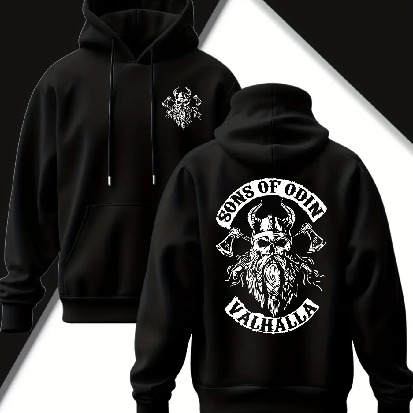 Men Sons Of Odin Valhalla Viking Skull Axe Dual‑Print Hoodie Chest Small Logo Back Norse Graphic Casual Pullover Sweatshirt