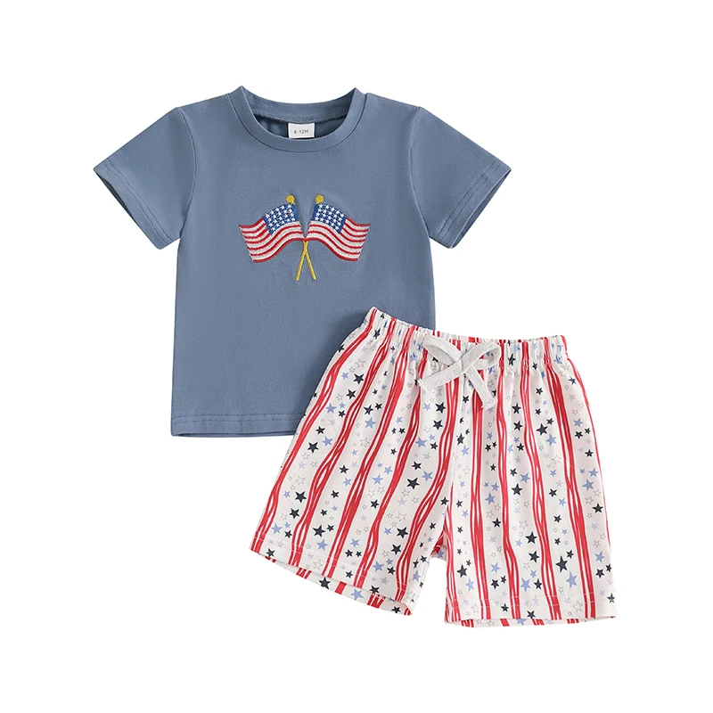 

Baby Boys Patriotic Outfits Embroidery Short Sleeves T-Shirt and Elastic Star Stripe Plaid Shorts Set
