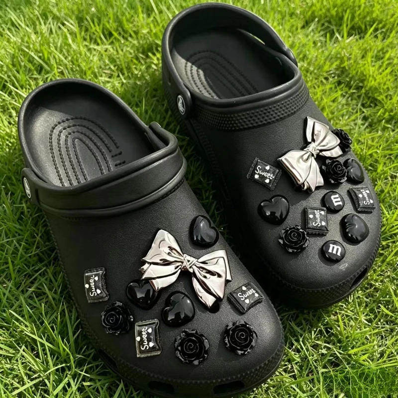 Silver Plated Bow Rose Candy Heart Clog Shoe Charms PVC Detachable Ornaments Women Summer Hole Sandals Footwear Accessory Gift