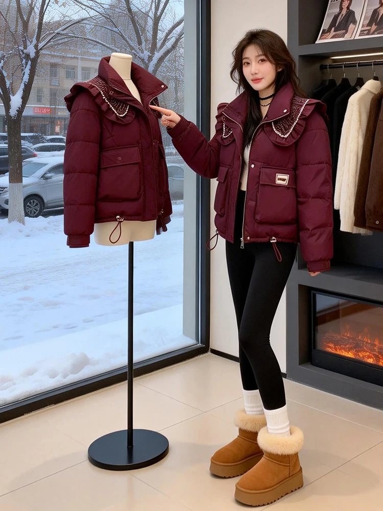 

Women's Thiened down Cotton Jaet Collar Warm Cozy Winter Outerwear Korean Sle Loose Fit Pure Color Commute Friendly