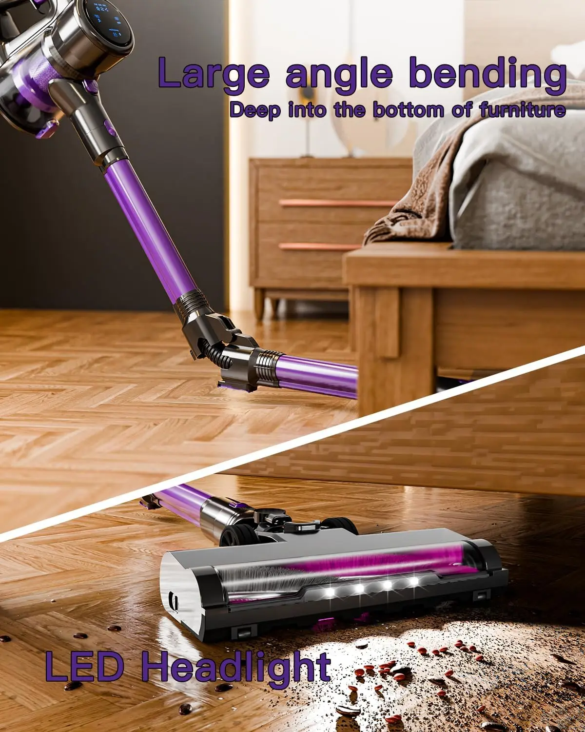 Беспроводной пылесос, всасывающий пылесос 28 кПа со светодиодной фарами, 3 режима, легкий беспроводной пылесос 6-в-1 с 40 минутами D