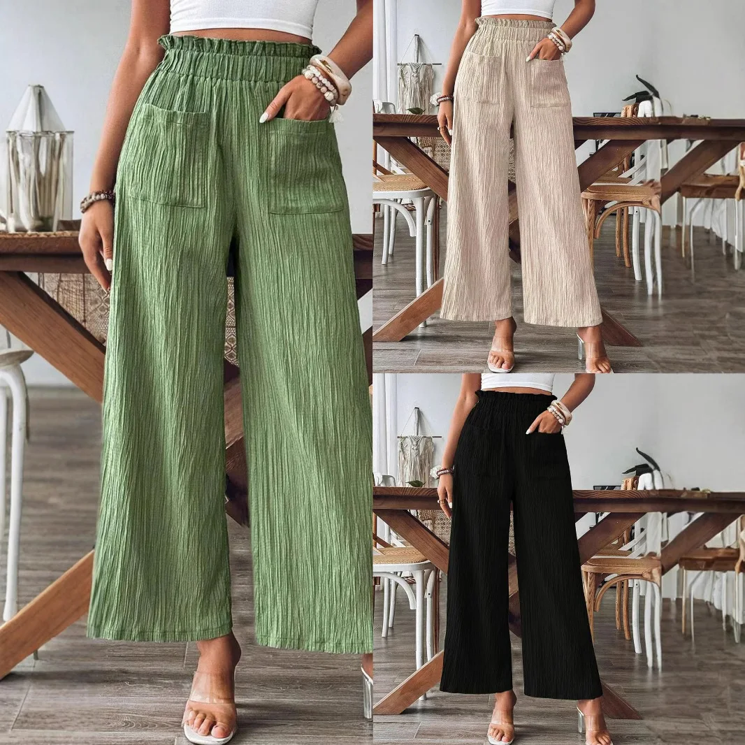 

Women Casual Wide Leg Pants High Waist Elastic Waist Textured Palazzo Trousers with Pockets Summer Solid Color Loose Fit Pants