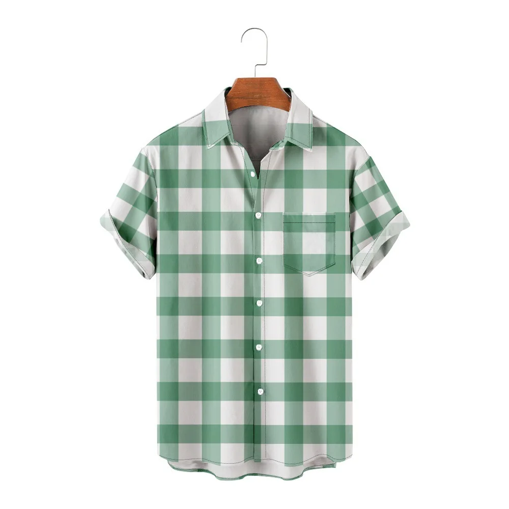 

Europe and the United States New Short-sleeved Lapel Shirt Plaid Green Elements Hawaii 3D Print Loose Men's Cardigan Summer