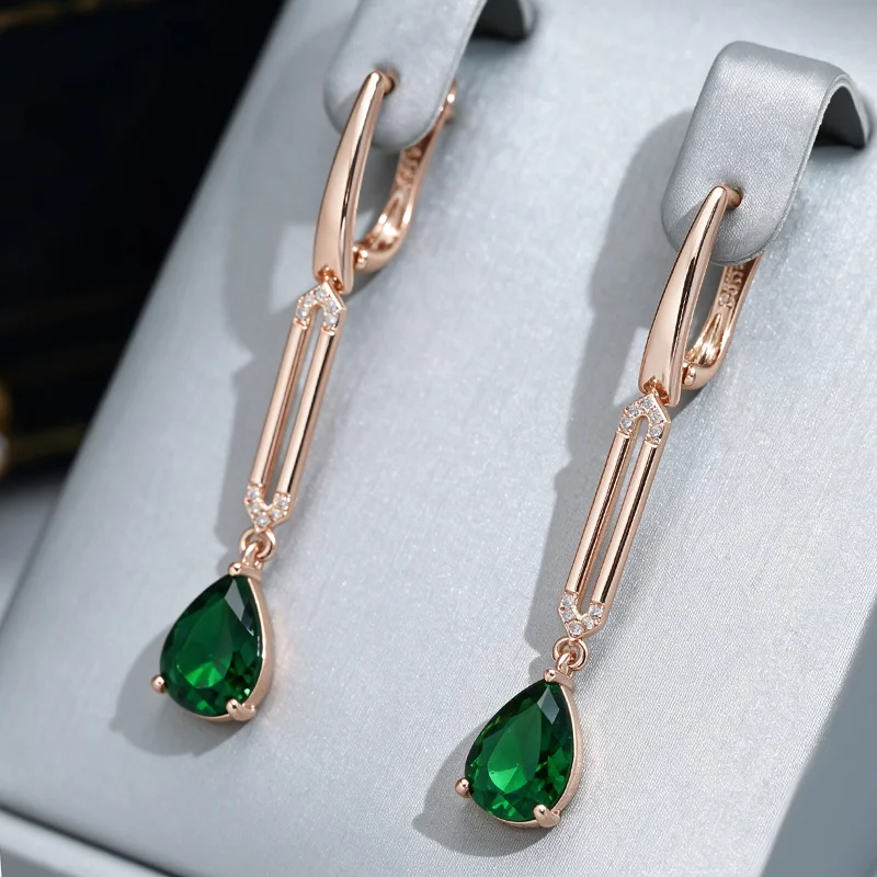 Wbmqda 53*8mm Green Zircon Long Dangle Earrings For Women Fashion 585 Rose Gold Water Drop Accessories Jewelry