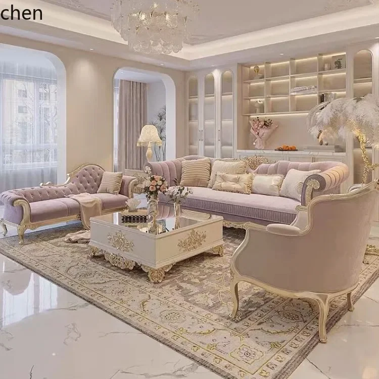

HYS Palace Solid Wood Carved Sofa Fabric Three-Seater Sofa Neoclassical Living Room Furniture Set