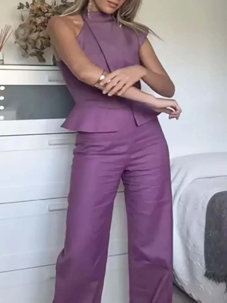 

Elegant Asymmetric Hollow Straight Jumpsuits Women's Fashion O Neck Solid Slim Playsuit Romper Summer Sleeveless Ruffle Overalls