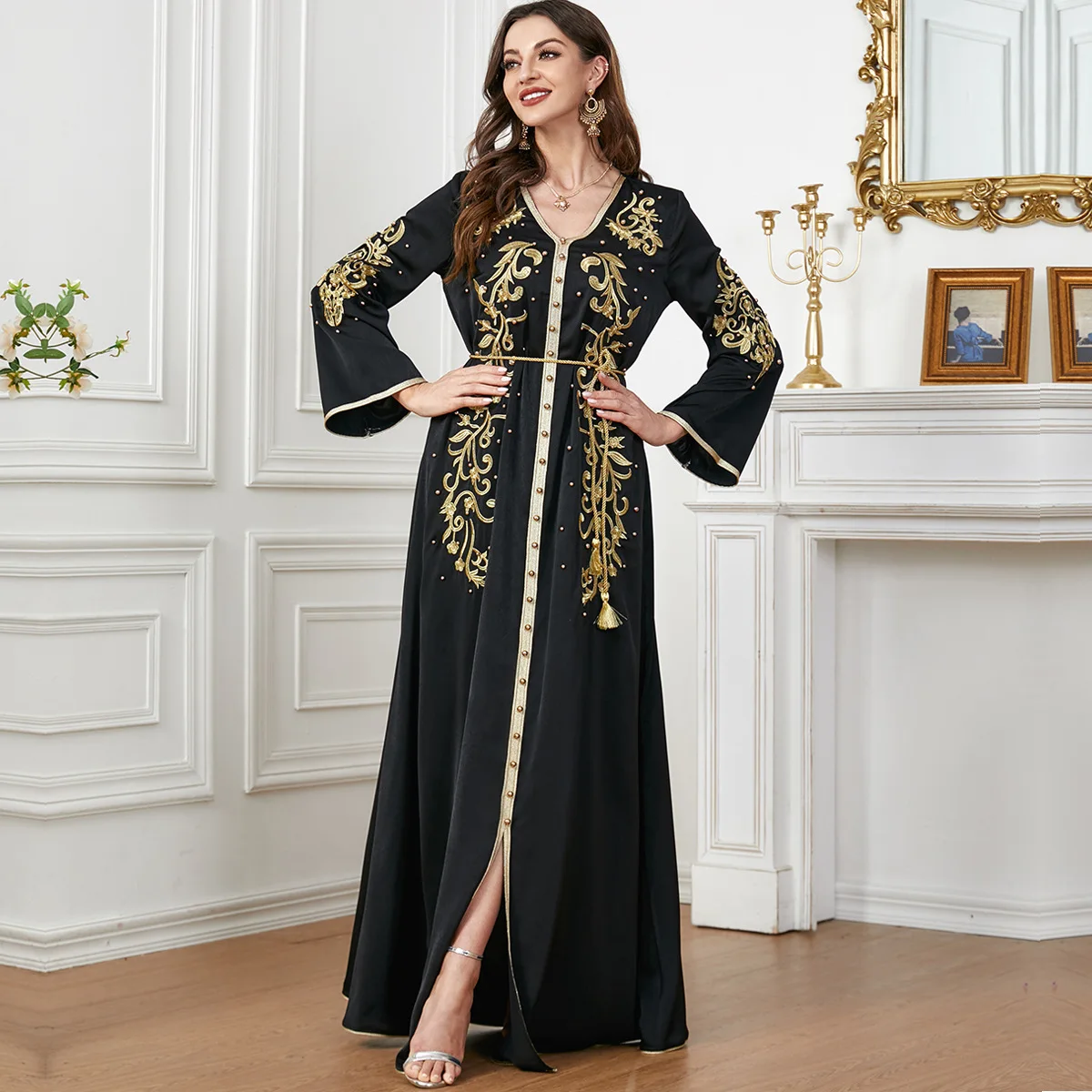 Abaya, abbigliamento donna turco, abito lungo musulmano in arabo, abito lungo Dubai Juba, abito con scollo a v e ricamato M-XXL