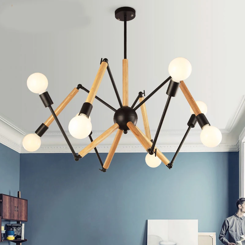 

Spider shape Wooden Modern chandelier 6/8 /12 arms Black white lights for room Suspension luminaire living room decoration