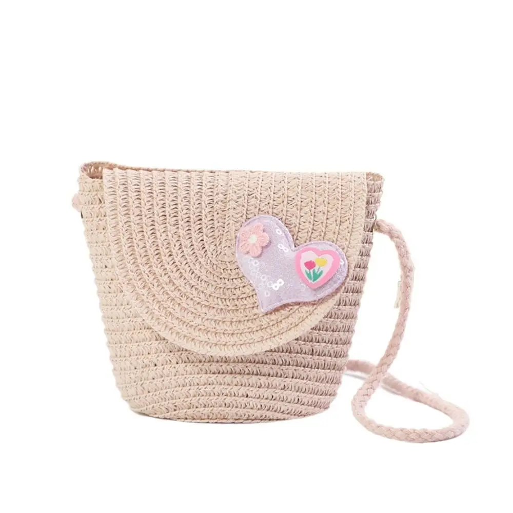 Bolso de playa de paja para niños, bolsa cruzada con patrón de corazón lindo, bolso informal, regalos de cumpleaños