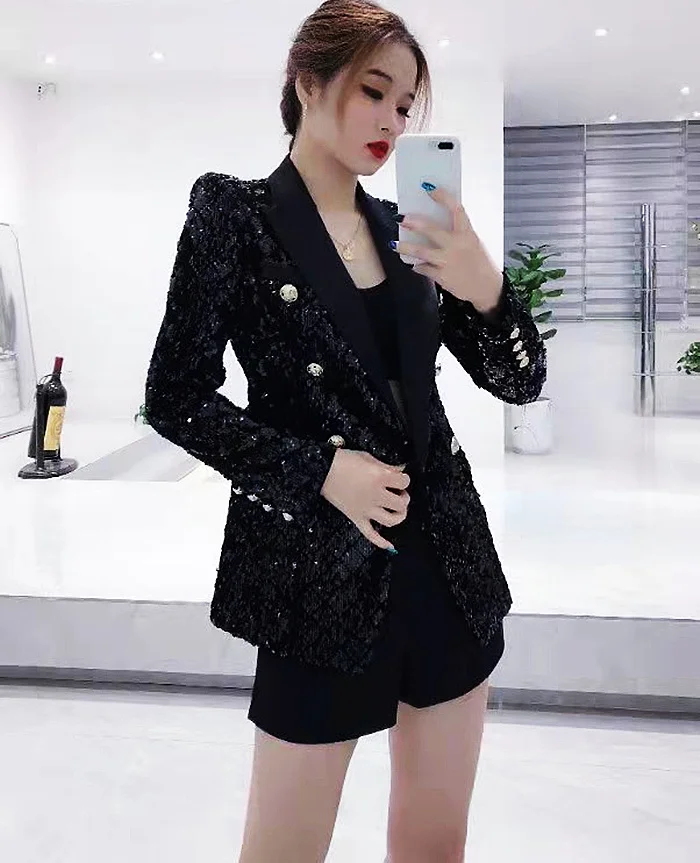 Sequined Elegant Double-Breasted Shiny Suit for Women 2023 Spring Autumn Commute Slim-Fit Long Sleeve Solid Black Blazer Coat