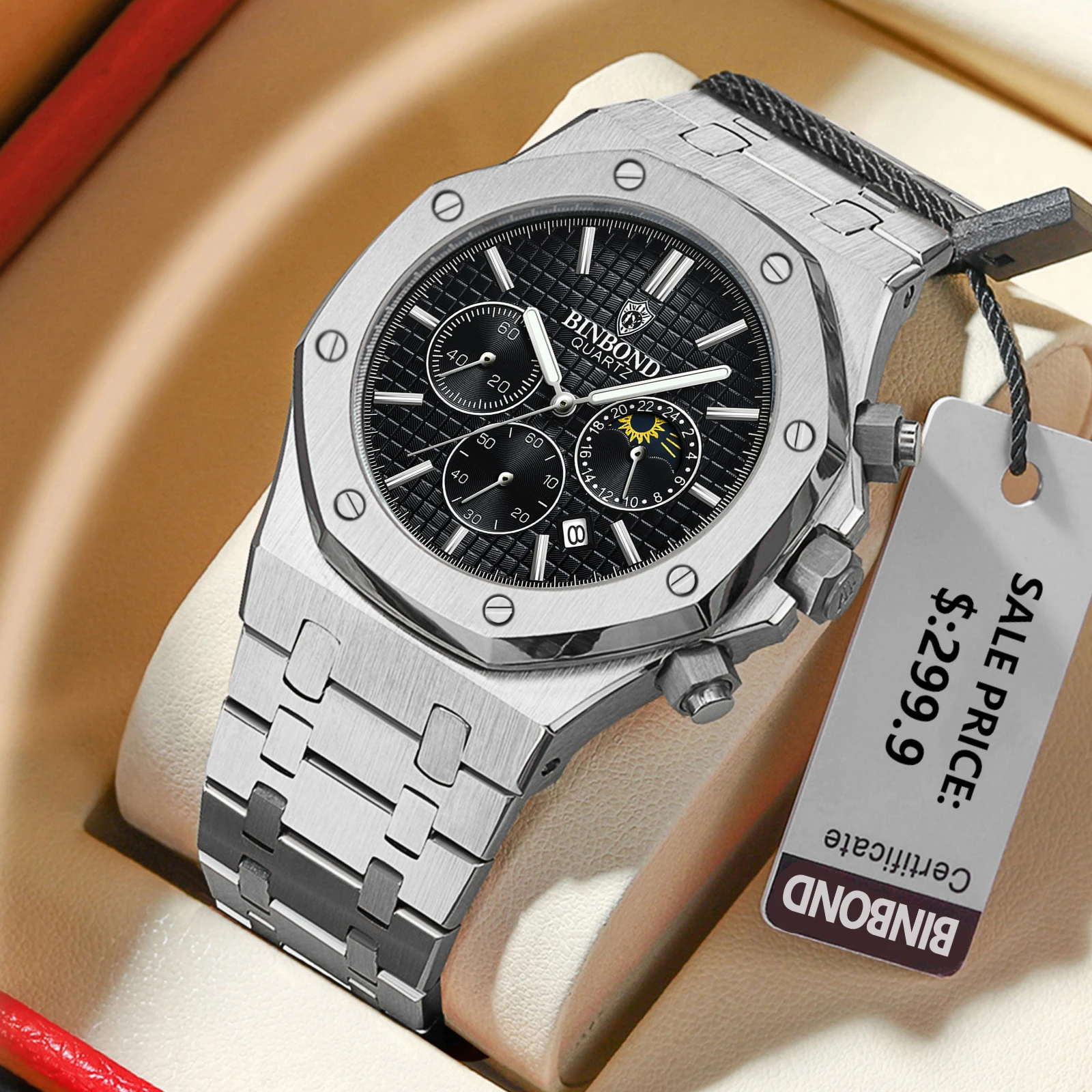 BINBOND Men's Wtches B0161 Classic Fashion Original Quartz Watch fot Man Fine Steel Waterproof Moon Phase Chronograph Date Trend