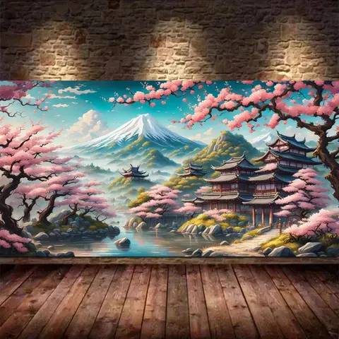 Fullcang Fuji Mountain Cherry Blossom Tree Temple Large Size Diy Diamond Painting Kits Landscape Full Mosaic Embroidery Picture