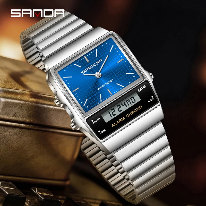 SANDA 3364 Electronic Quartz Watch Multifunctional Dual Display Watch Luminous Alarm Clock Calendar Watches for Man Fashion Men