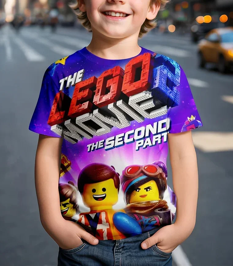 Children's 3D printed short-sleeved T-shirt Lego cartoon animation summer T-shirt boys and girls party fashion trend clothing