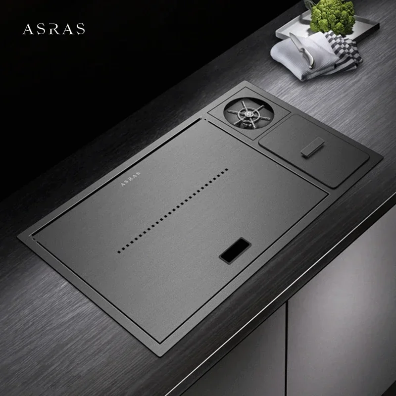 

ASRAS Nanometer Hidden kitchen Sink Flip Cover Hidden Cup Rinser Sink 304 Stainless Steel 4mm Thickness Handmade kitchen Sinks